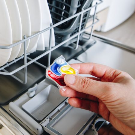 Top above high angle view photo of lovely beautiful housewife chef feel positive cheerful satisfued have fun playlist soundtrack stand wear checkered trendy stylish plaid light apartment